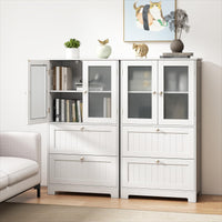 Tangkula Bathroom Floor Storage Cabinet with 2 Drawers & 2 Frosted Glass Doors