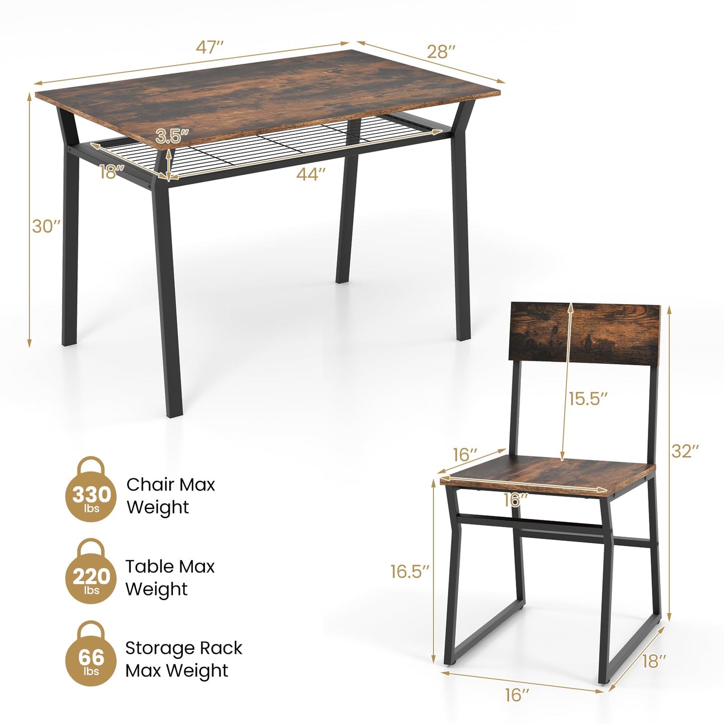 Tangkula 5 Piece Dining Table Set for 4, Kitchen Table and Chairs with 4 Trapezoid Chairs & Storage Rack
