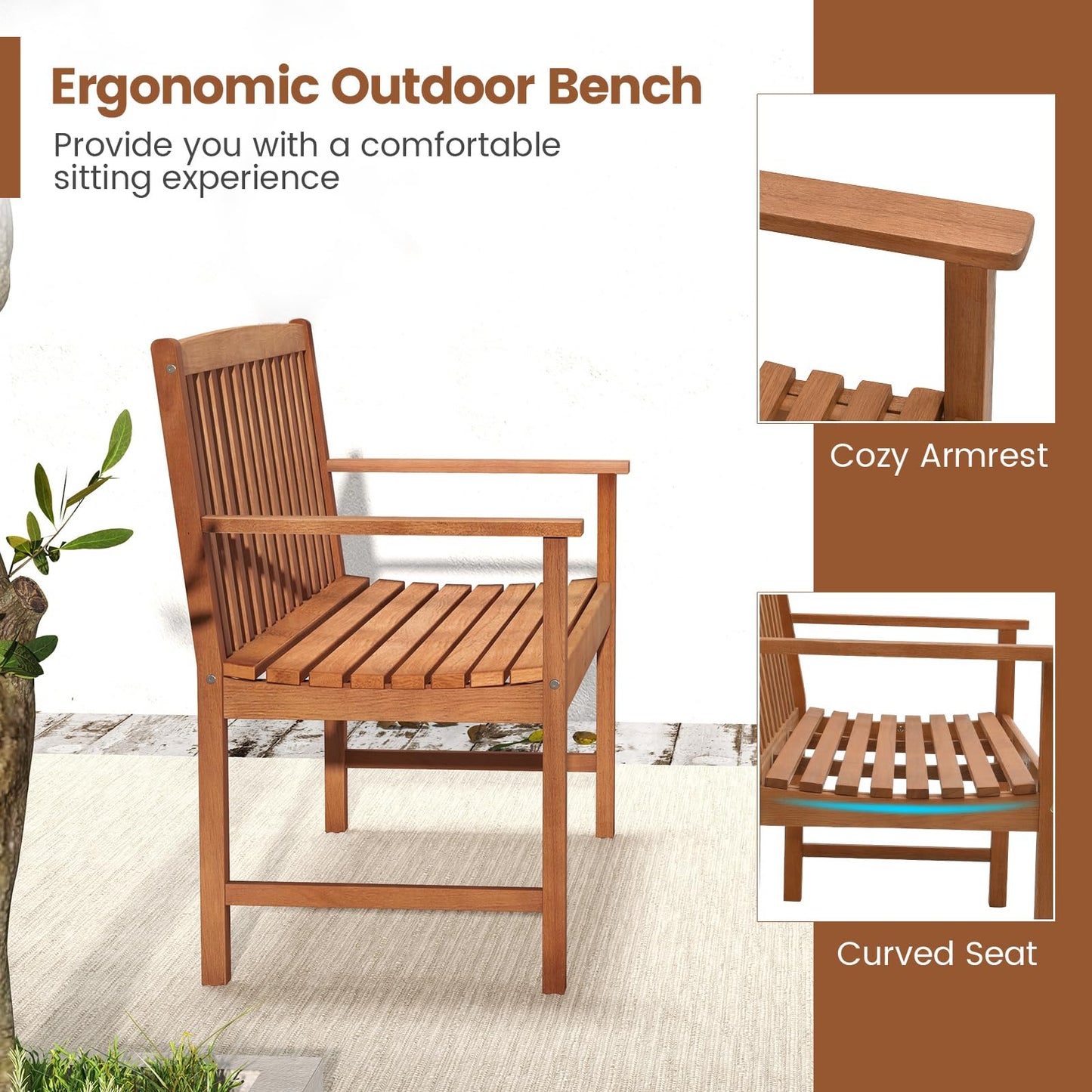 Tangkula Outdoor Garden Bench 2-Person Eucalyptus Wood Bench