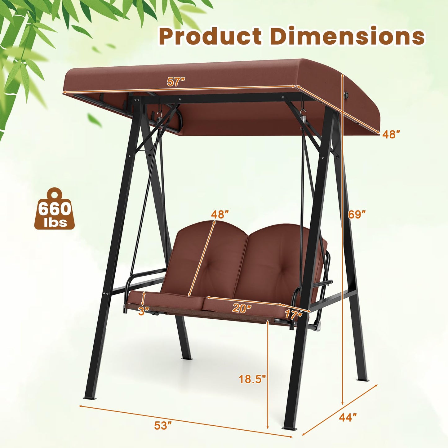 Tangkula 2 Person Porch Swing, Patio Swing with Adjustable Canopy