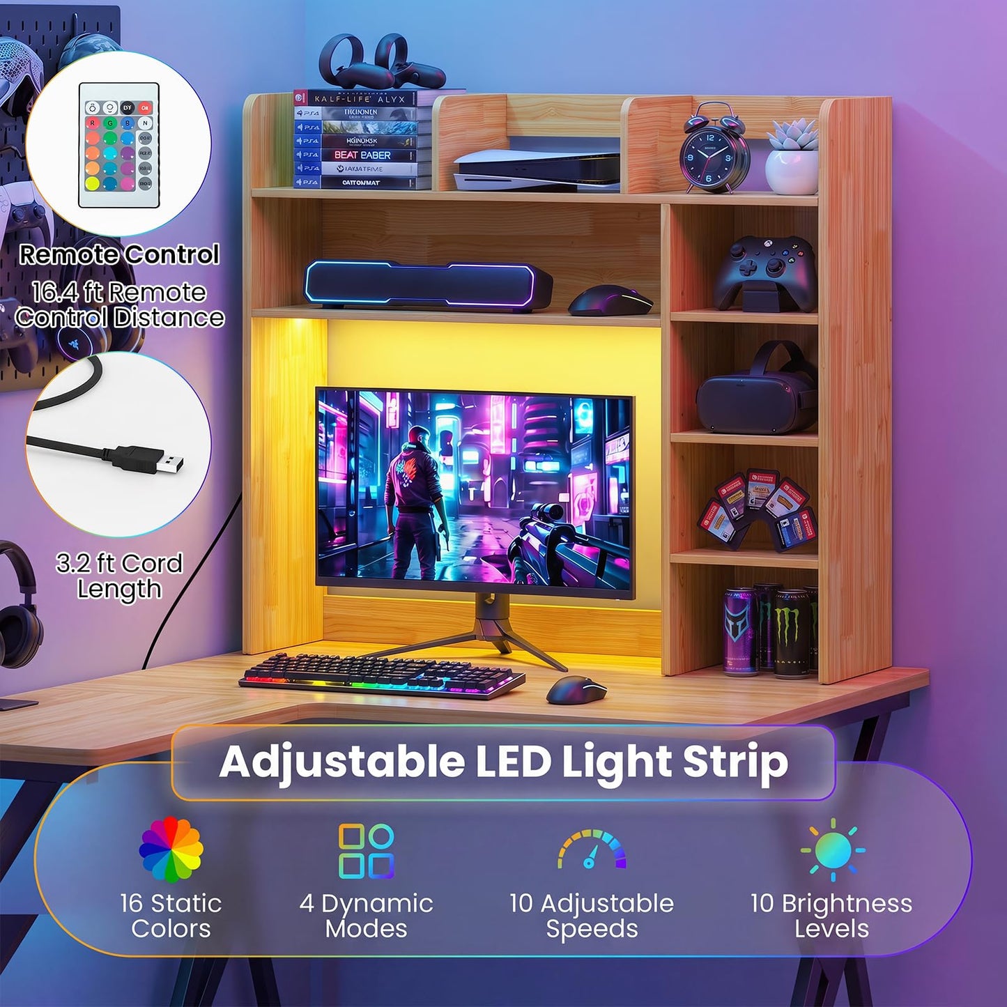 Tangkula Desktop Bookshelf with LED Lights & 8 Shelves for Max 25" Monitor