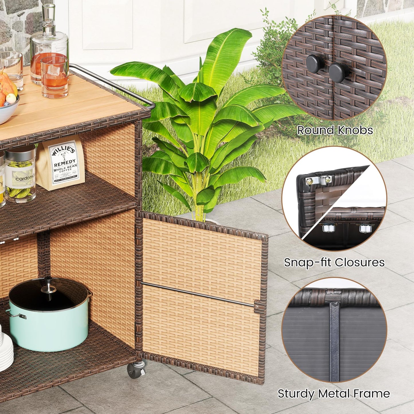 Meuble de rangement d'extérieur Tangkula en rotin avec comptoir en bois d'acacia