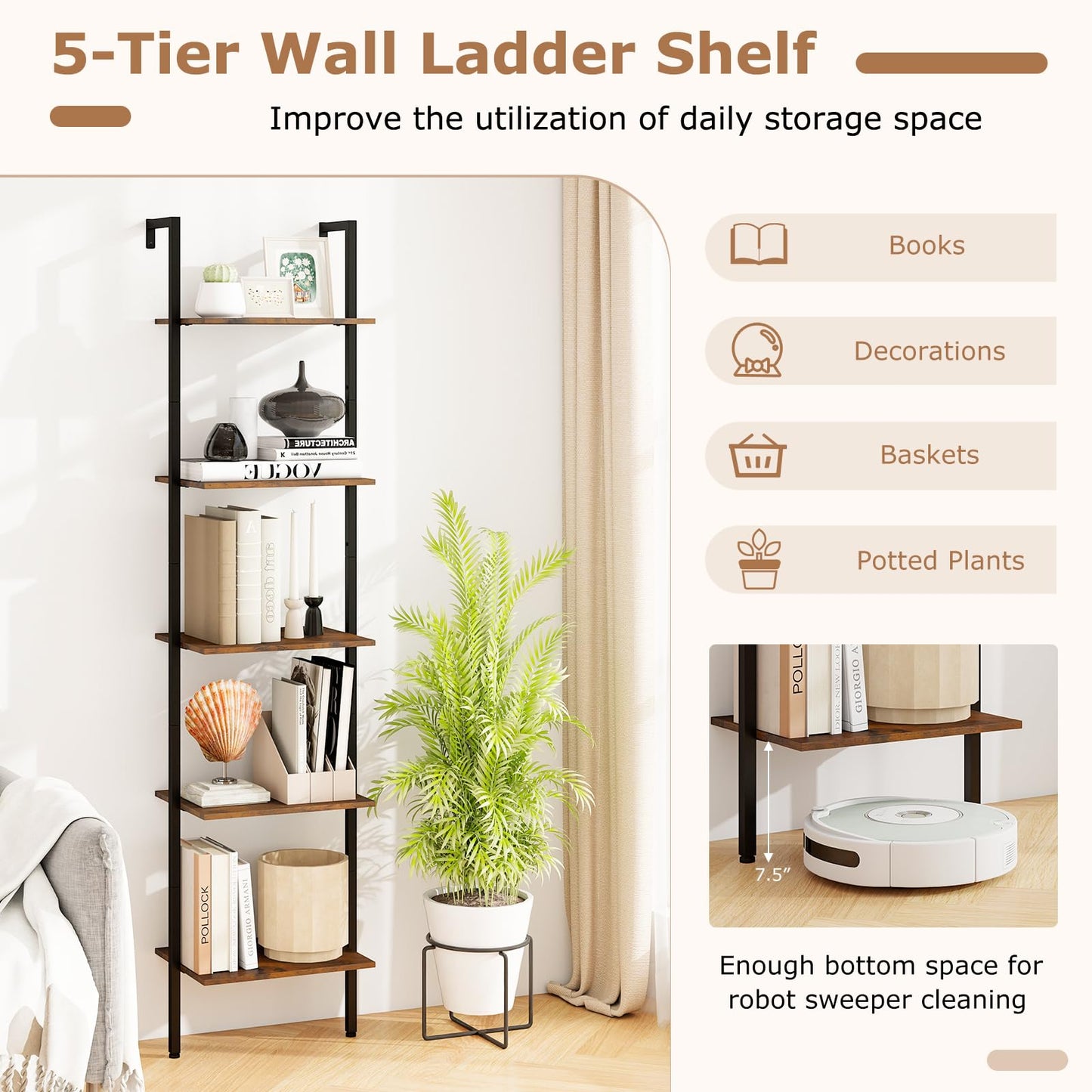 Tangkula 5 Tier Wall Mount Ladder Shelf with Anti-Tipping Kits for Home Office