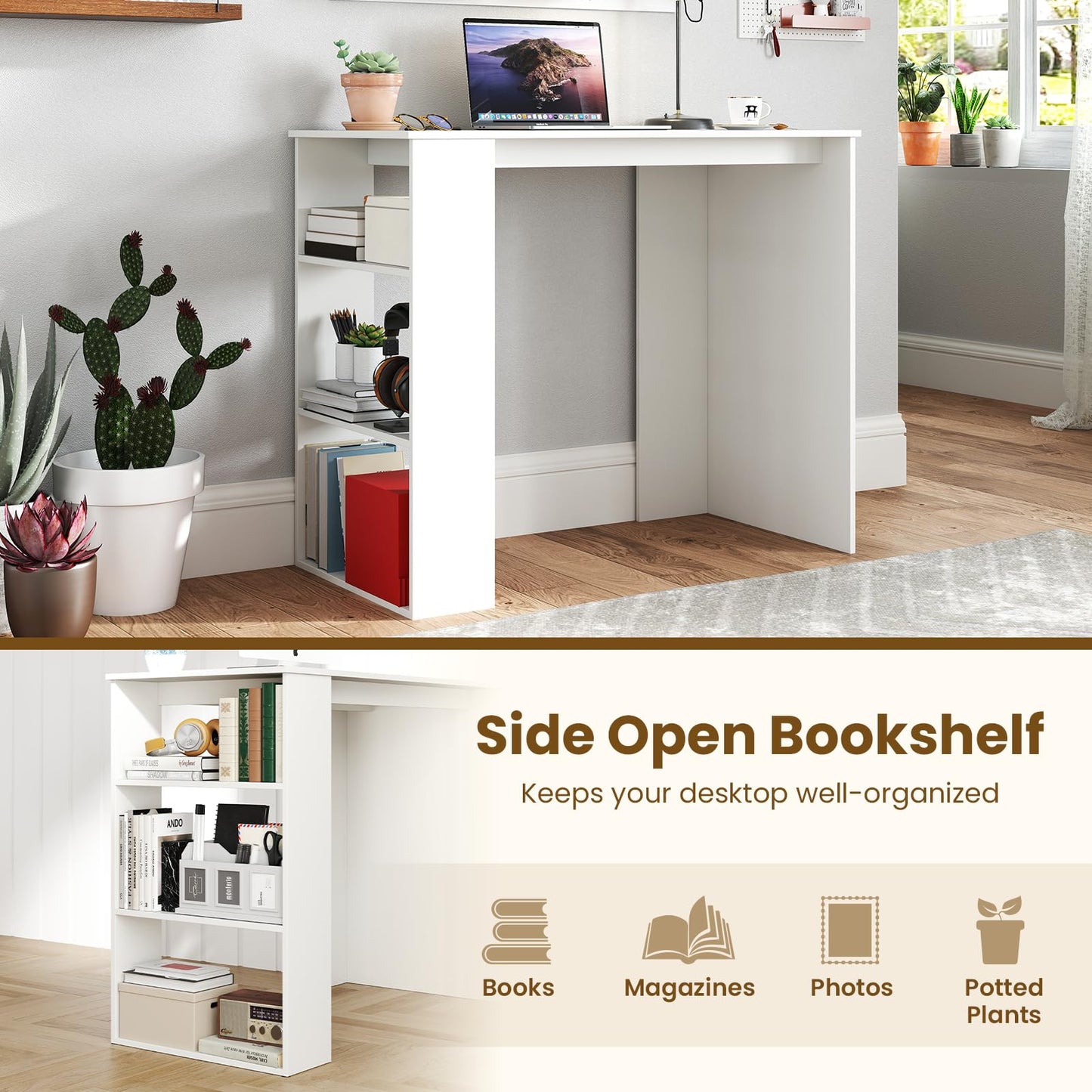 Tangkula Small White Desk with 3-Tier Bookshelf
