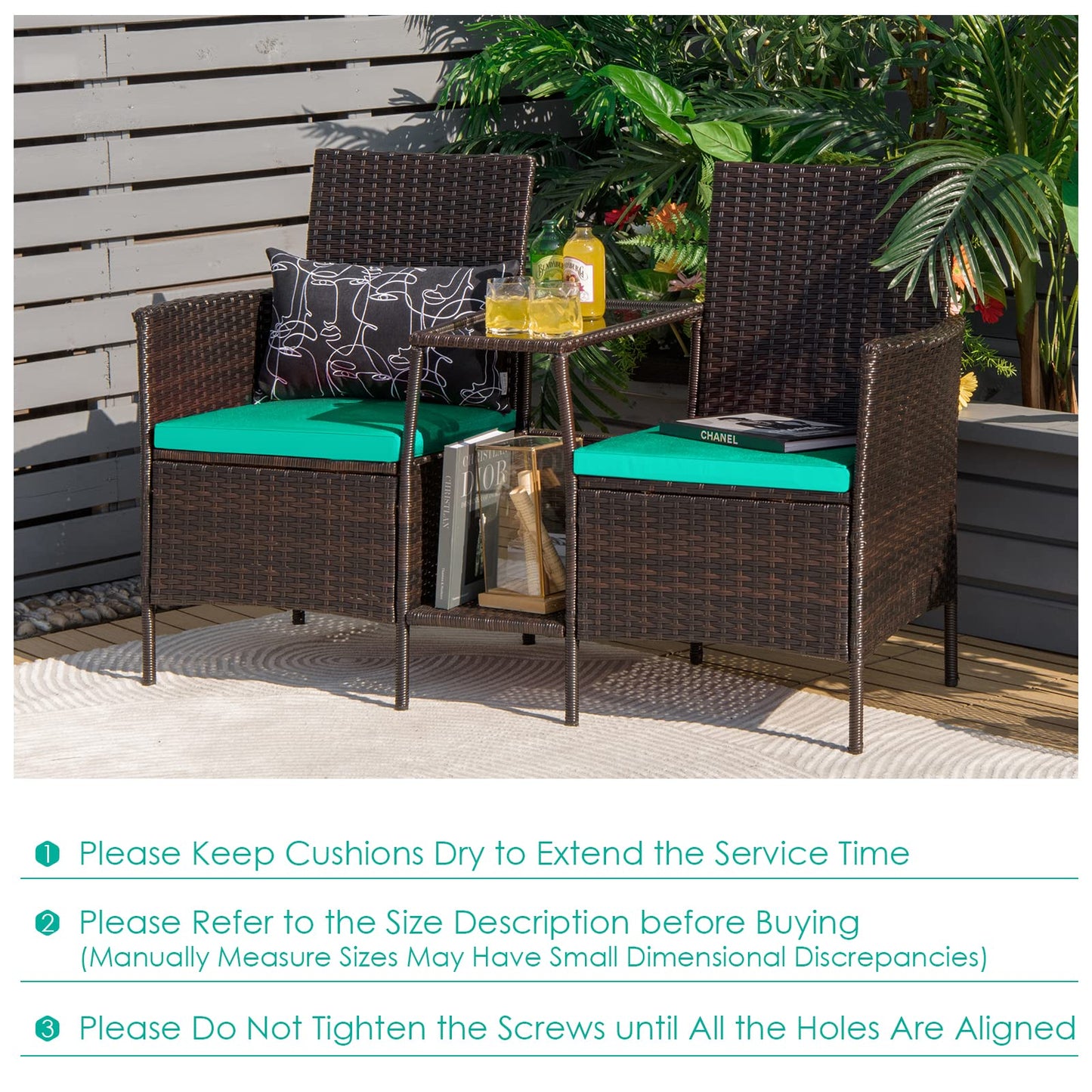 PE Wicker Outdoor Furniture Set, 2 Cushioned Seats and Tempered Glass Table