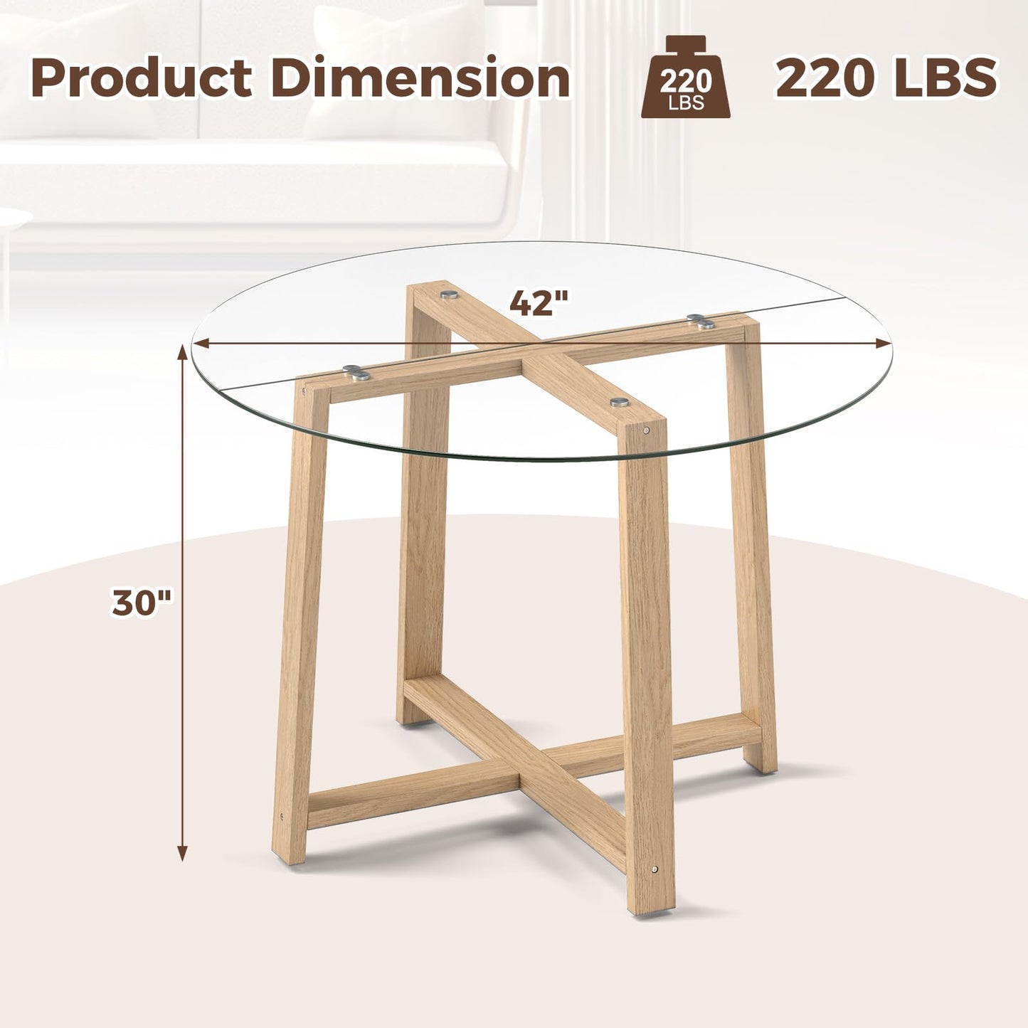 Tangkula 42" Round Glass Dining Table for 4-6, 0.3” Tempered Glass Tabletop with X-Shaped Rubber Wood Frame