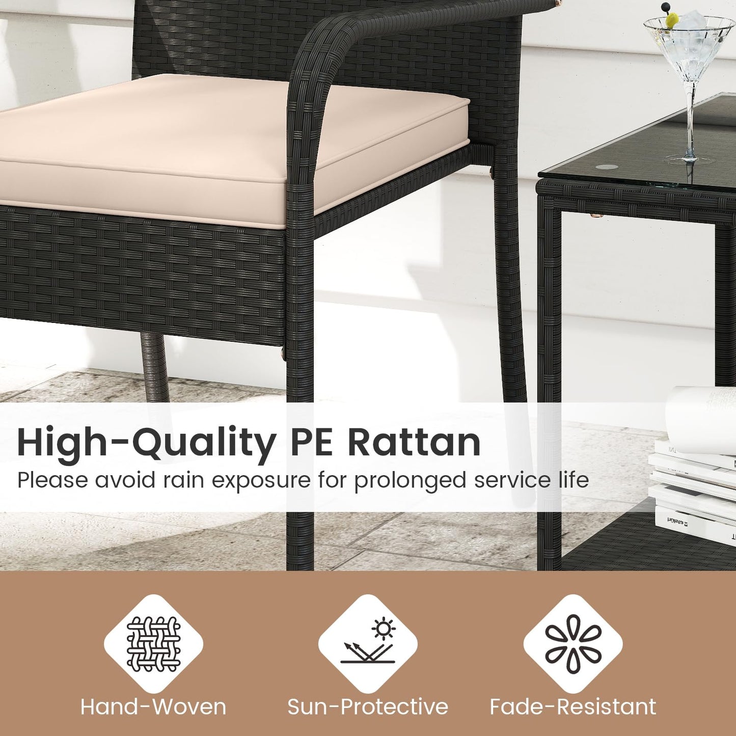 Tangkula 3 Pieces Patio Furniture Set with 2 Tier Tempered Glass Tabletop Table