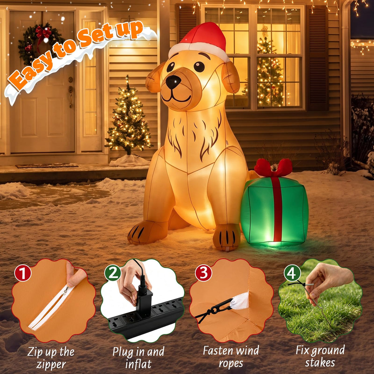 Tangkula 5 FT Christmas Inflatable Golden Retriever Dog with Gift Box