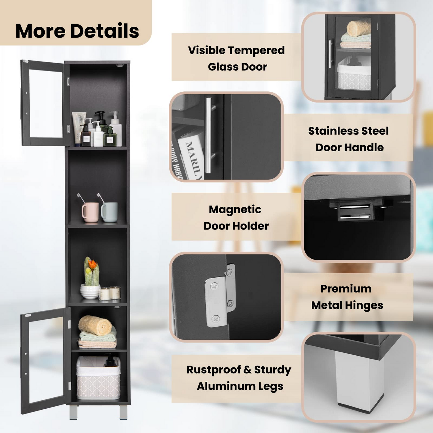 Tangkula Tall Bathroom Cabinet, Home Bedroom Living Room Wood Linen Storage Cabinet Free Standing