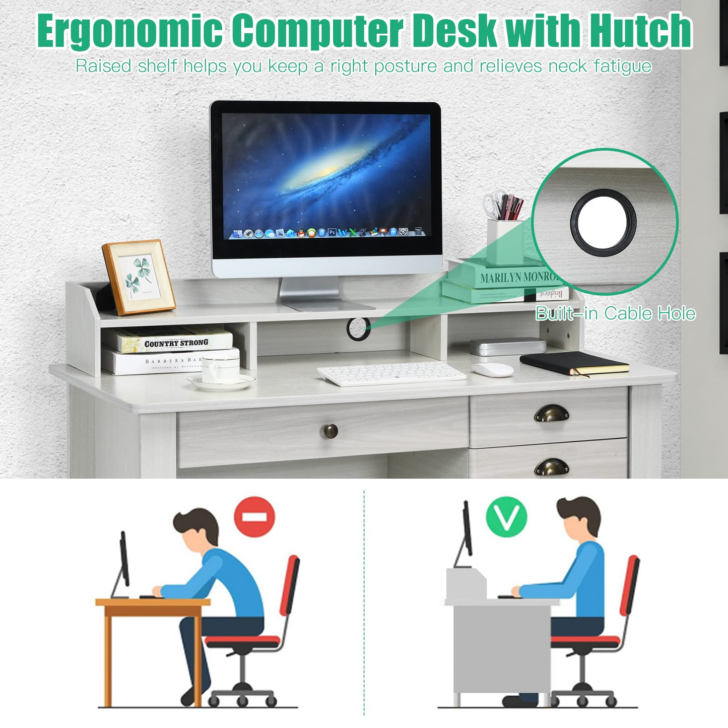 Tangkula 48" Computer Desk with 4 Storage Drawers & Hutch, Home Office Desk Vintage Desk