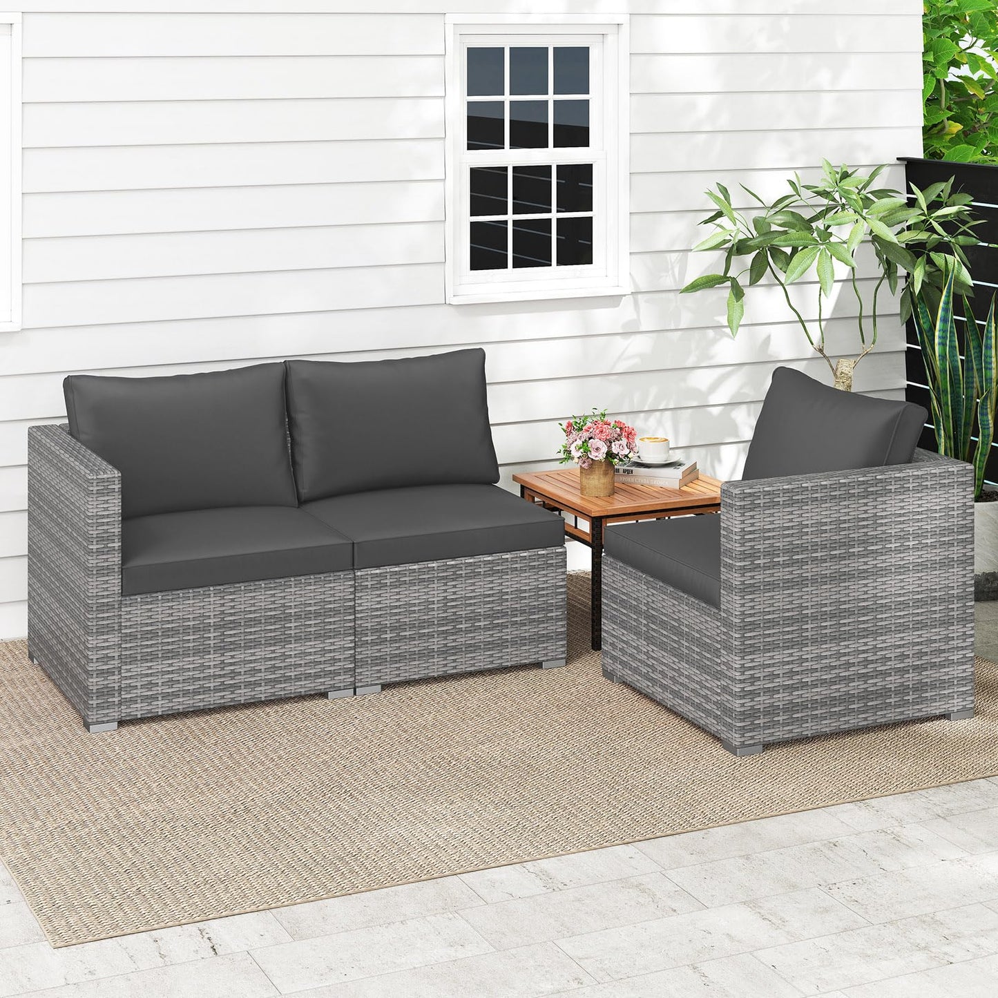 Tangkula 3 Seat Outdoor Modular PE Rattan Patio Cushioned Sectional Couch Furniture Set