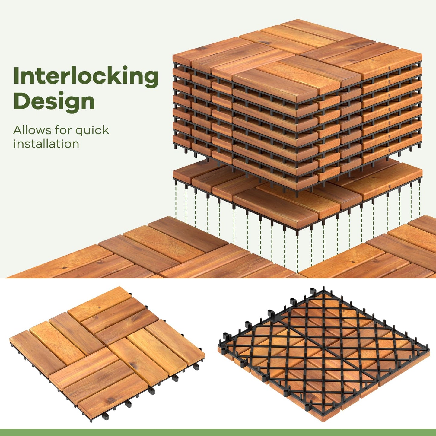 Tangkula 27 PCS Acacia Wood Interlocking Patio Deck Tiles, 12" x 12" Water-Resistant Indoor Outdoor Flooring