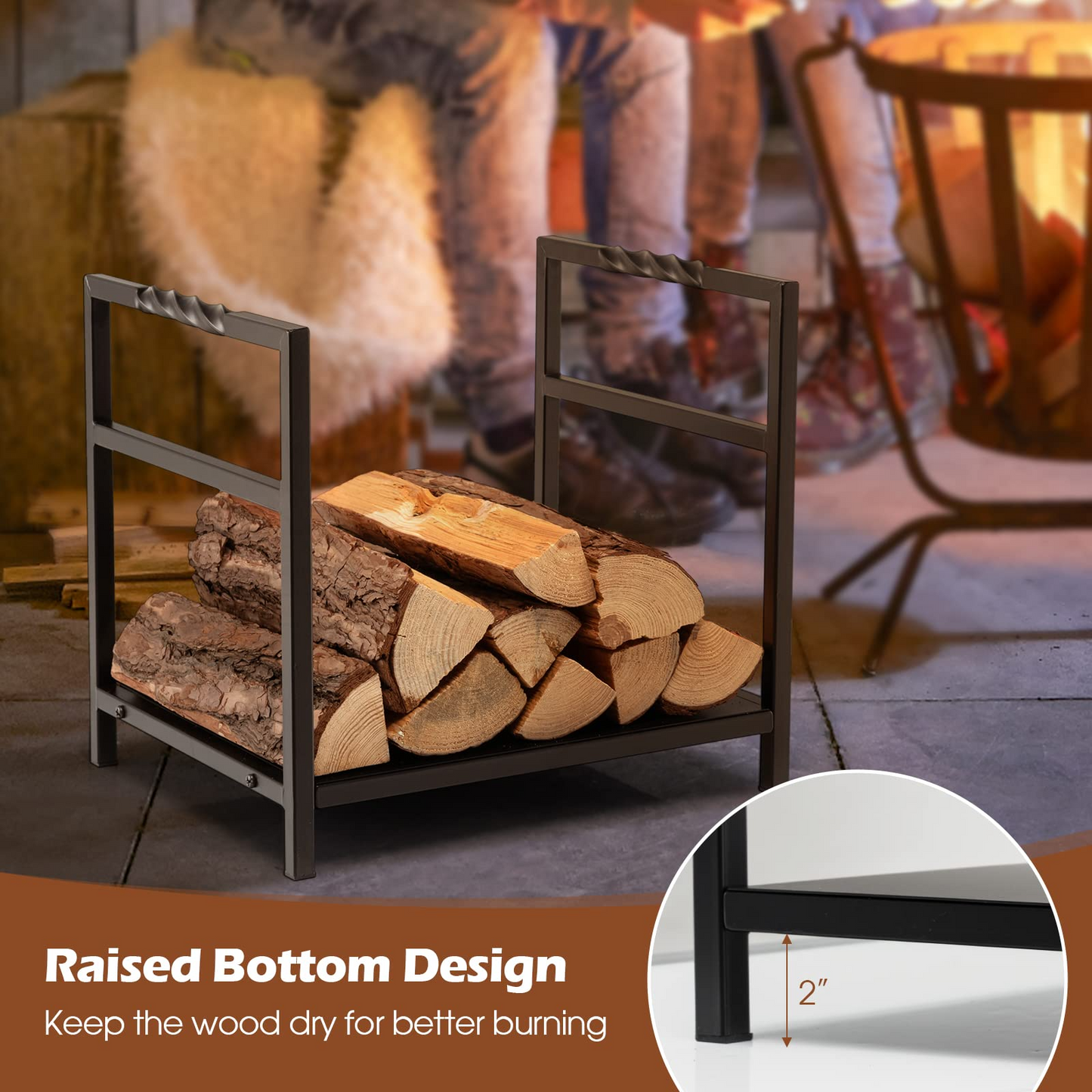 Tangkula Firewood Log Rack, Heavy Duty Firewood Holder with Unique Handle and Raised Feet