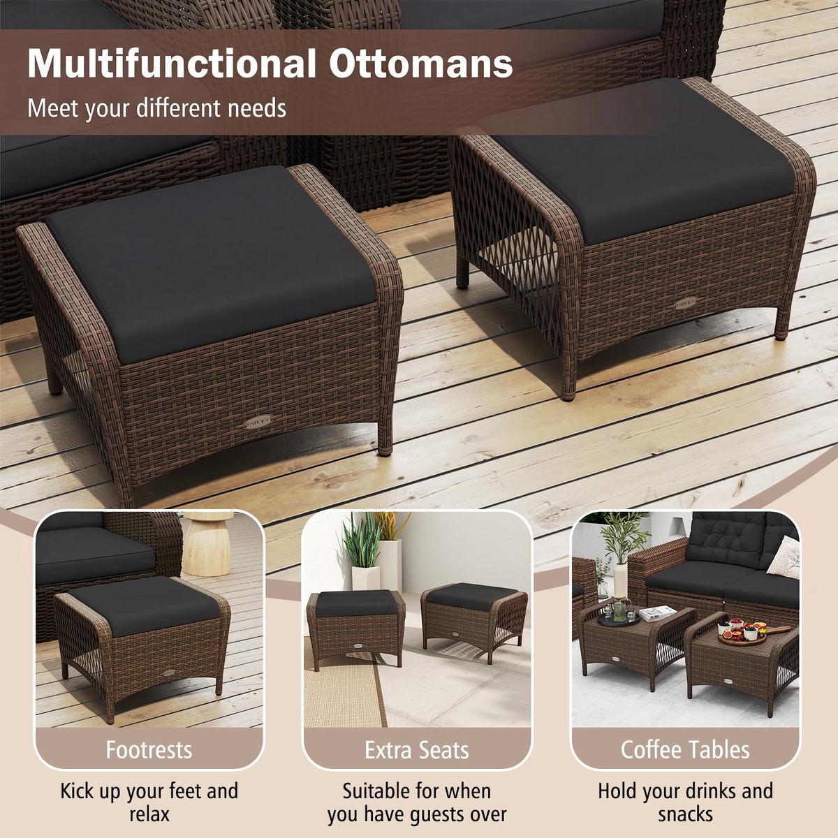 Tangkula 2 Pieces Patio Wicker Ottomans with Removable Cushions