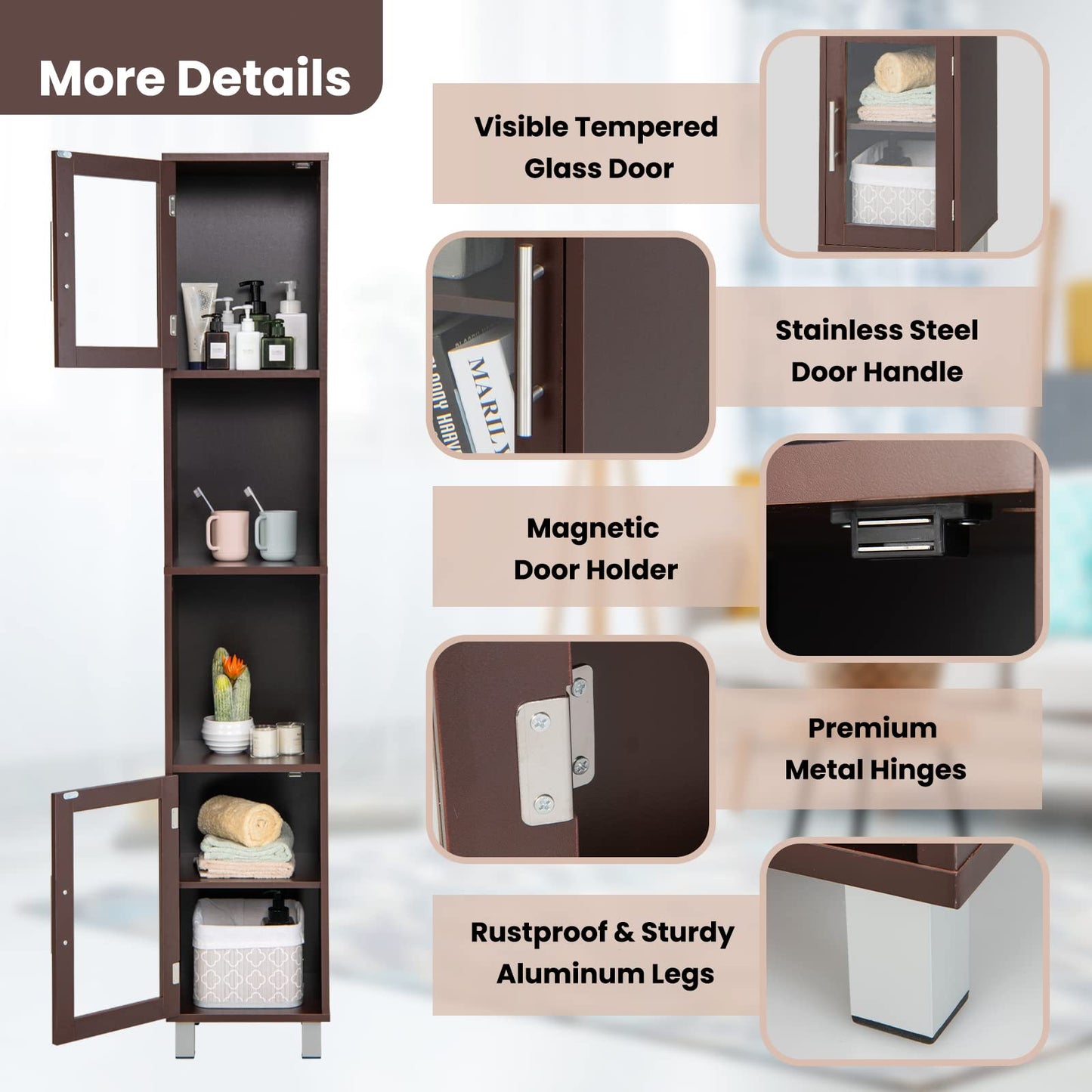 Tangkula Tall Bathroom Cabinet, Home Bedroom Living Room Wood Linen Storage Cabinet Free Standing