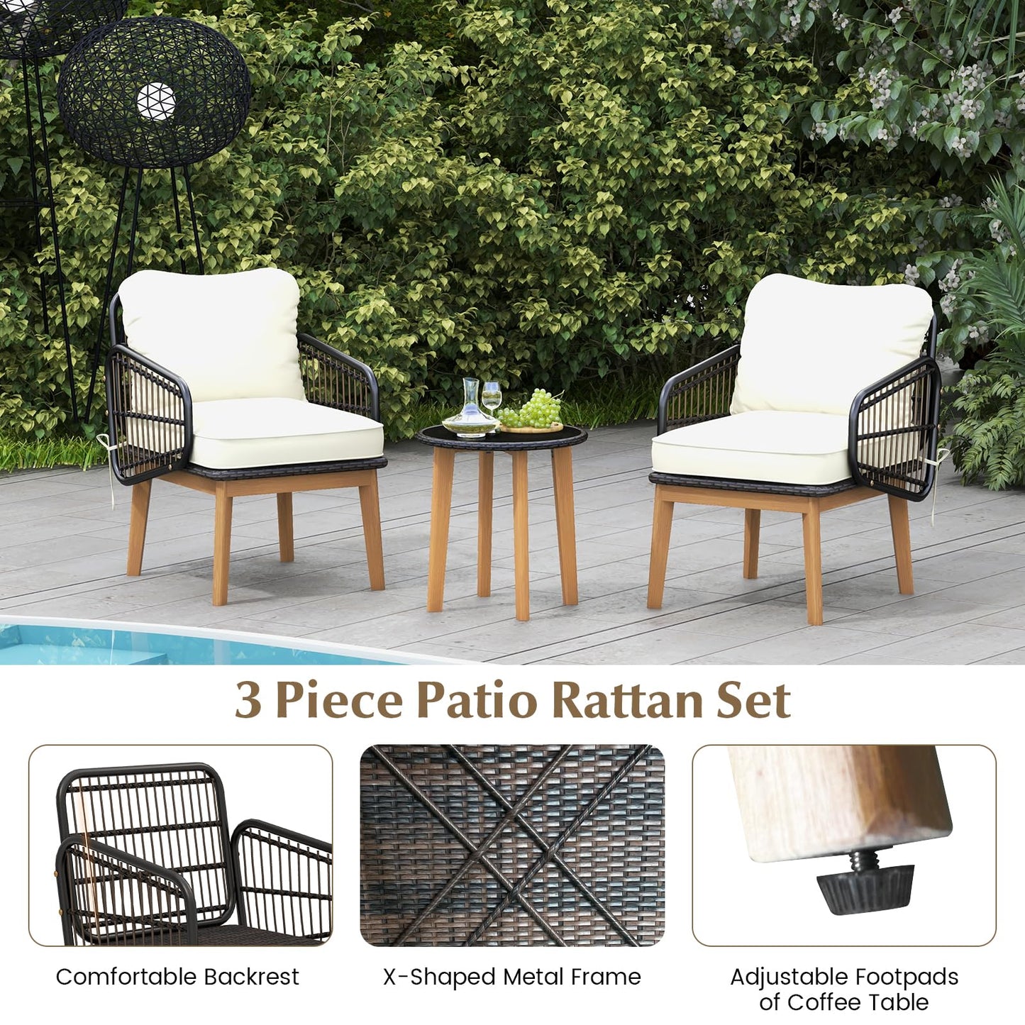 Tangkula 3 Piece Patio Chair Set, Wicker Chair & Side Table Set with Soft Cushions & Tempered Glass Tabletop