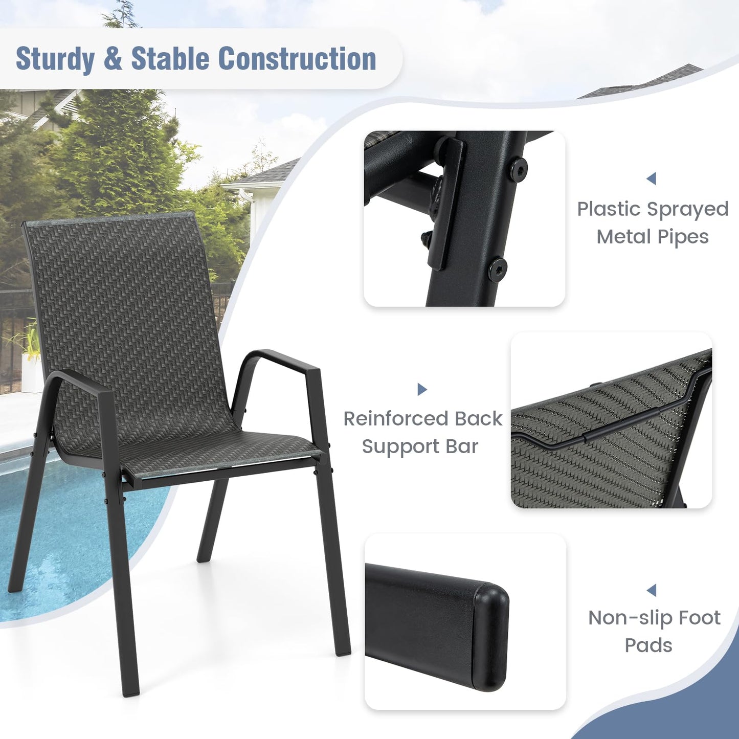 Tangkula Lot de 4 chaises de salle à manger empilables en rotin pour patio, avec dossier et assise en osier tressé