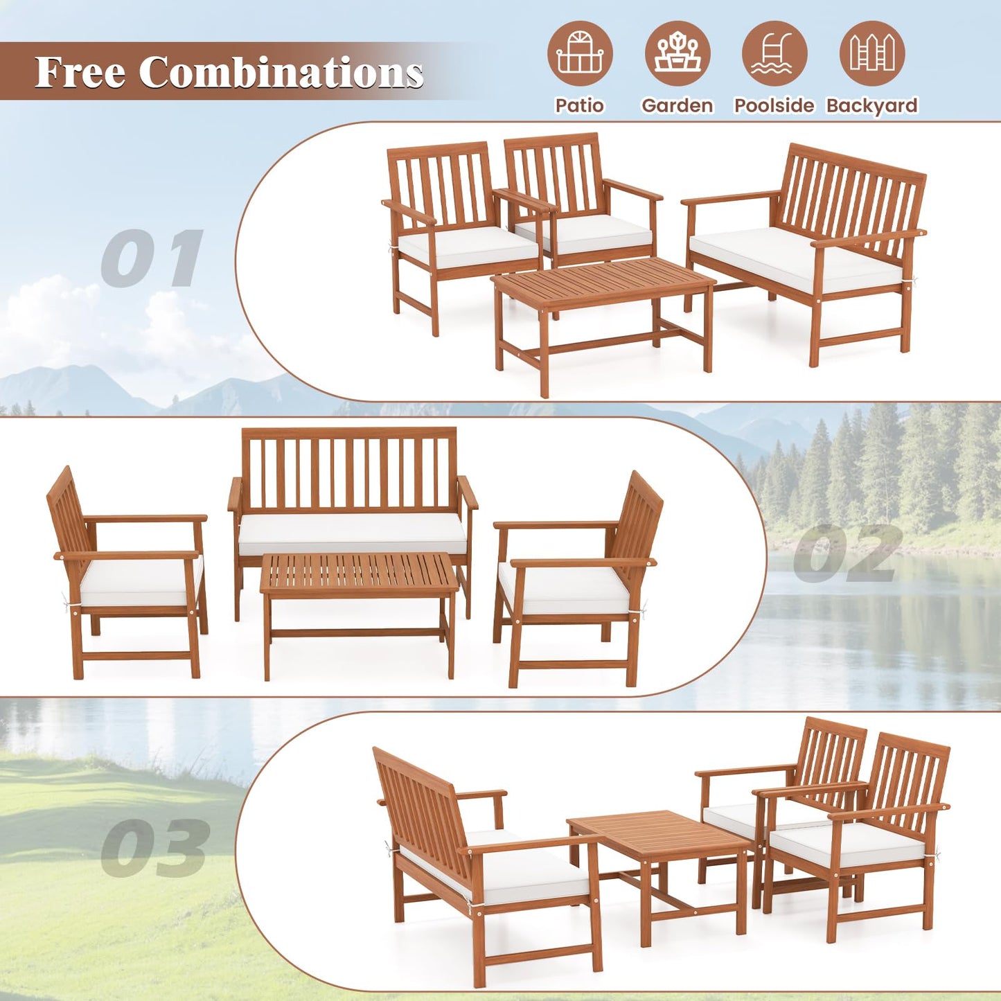 Tangkula 4/8-Piece Acacia Wood Patio Conversation Set