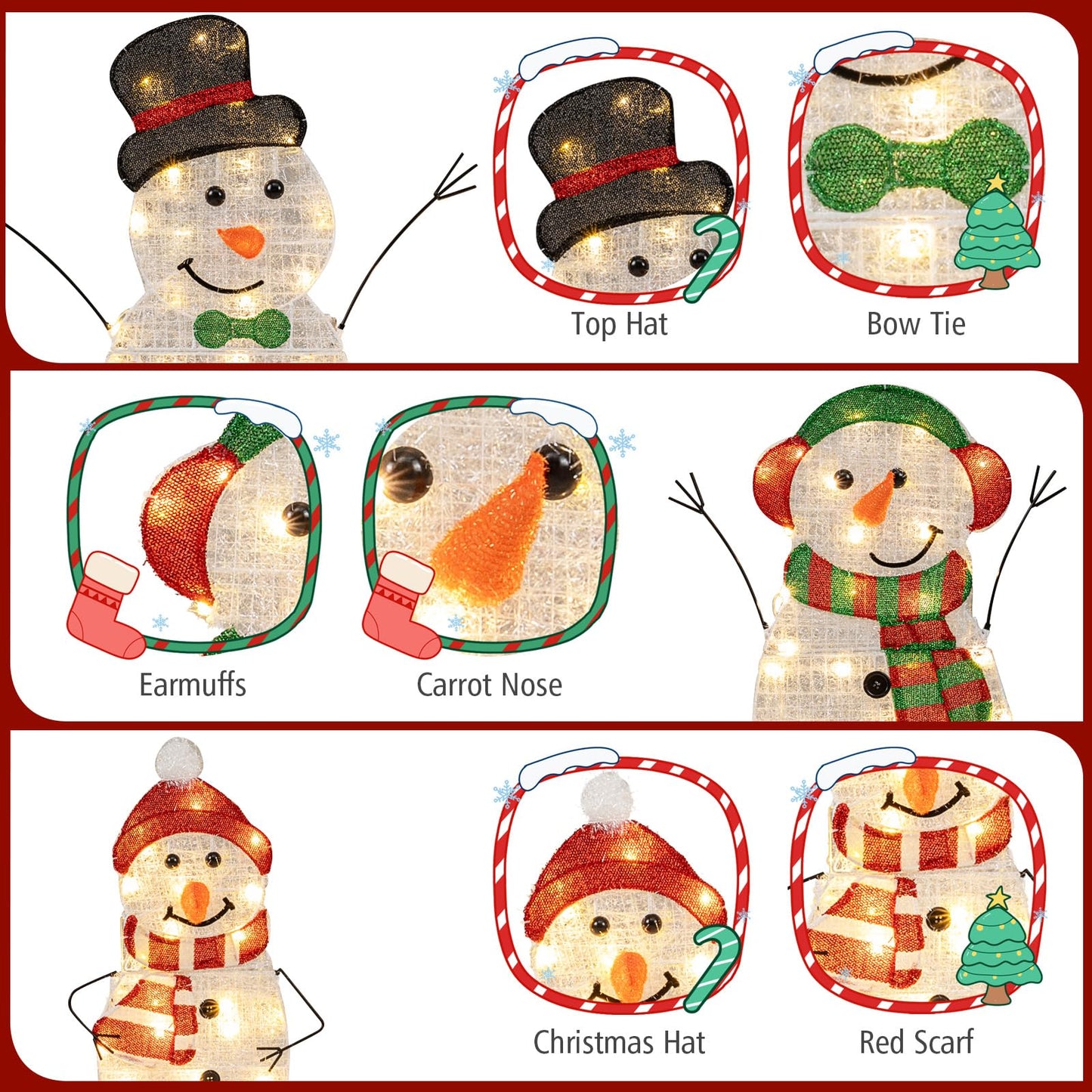 Tangkula 3 Piece Christmas Lighted Snowman Family Decoration
