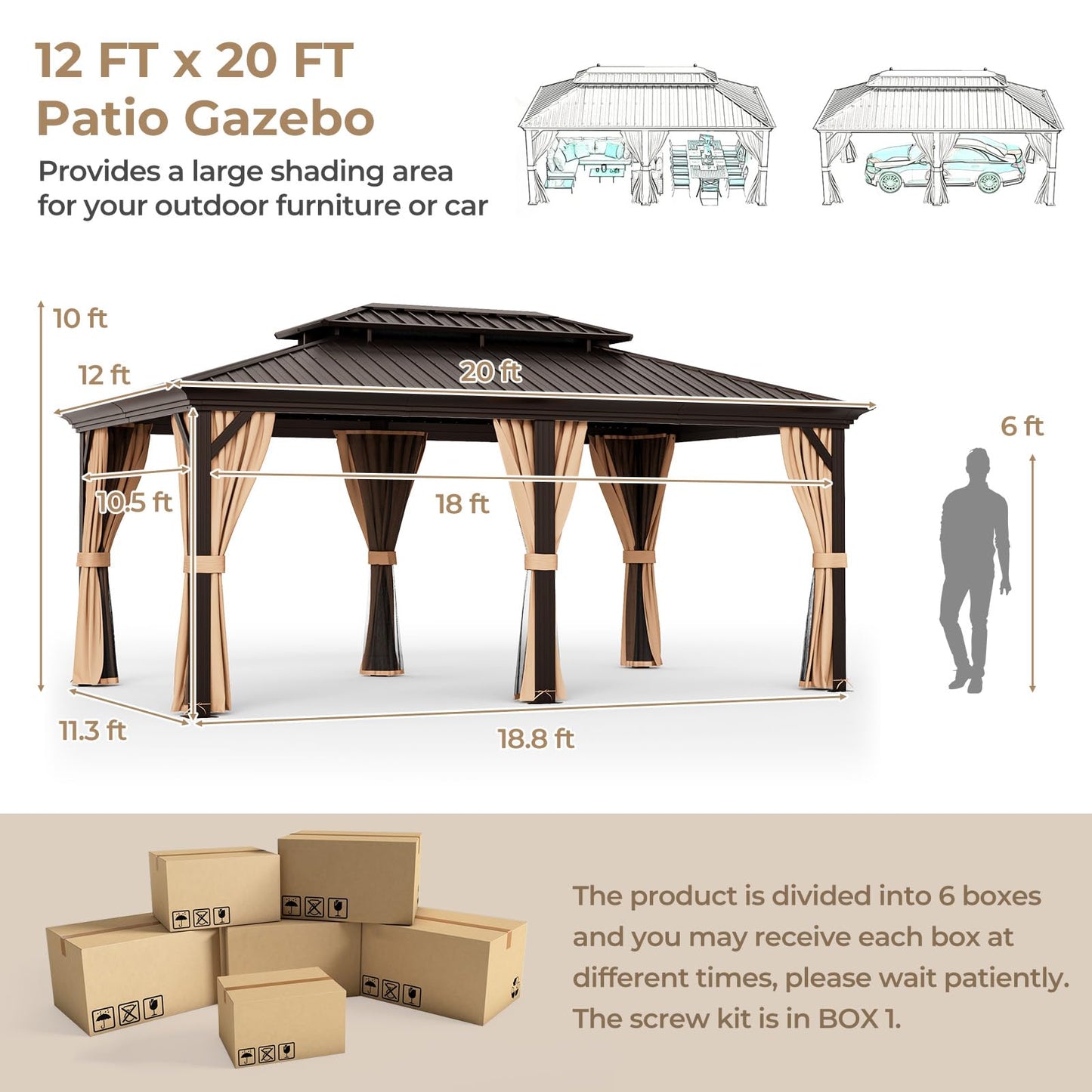 Tangkula 12x20 Ft Hardtop Double-Roof Patio Gazebo