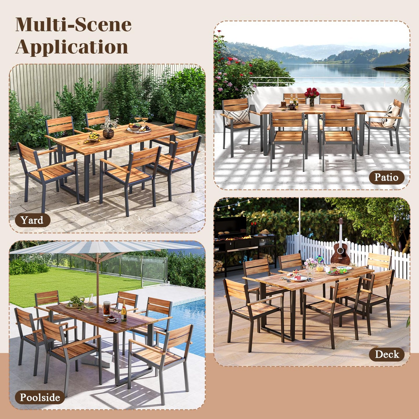 Tangkula Acacia Wood Patio Chairs Set of 6 Outdoor Stackable Dining Chairs with Slatted Seats and Metal Frame