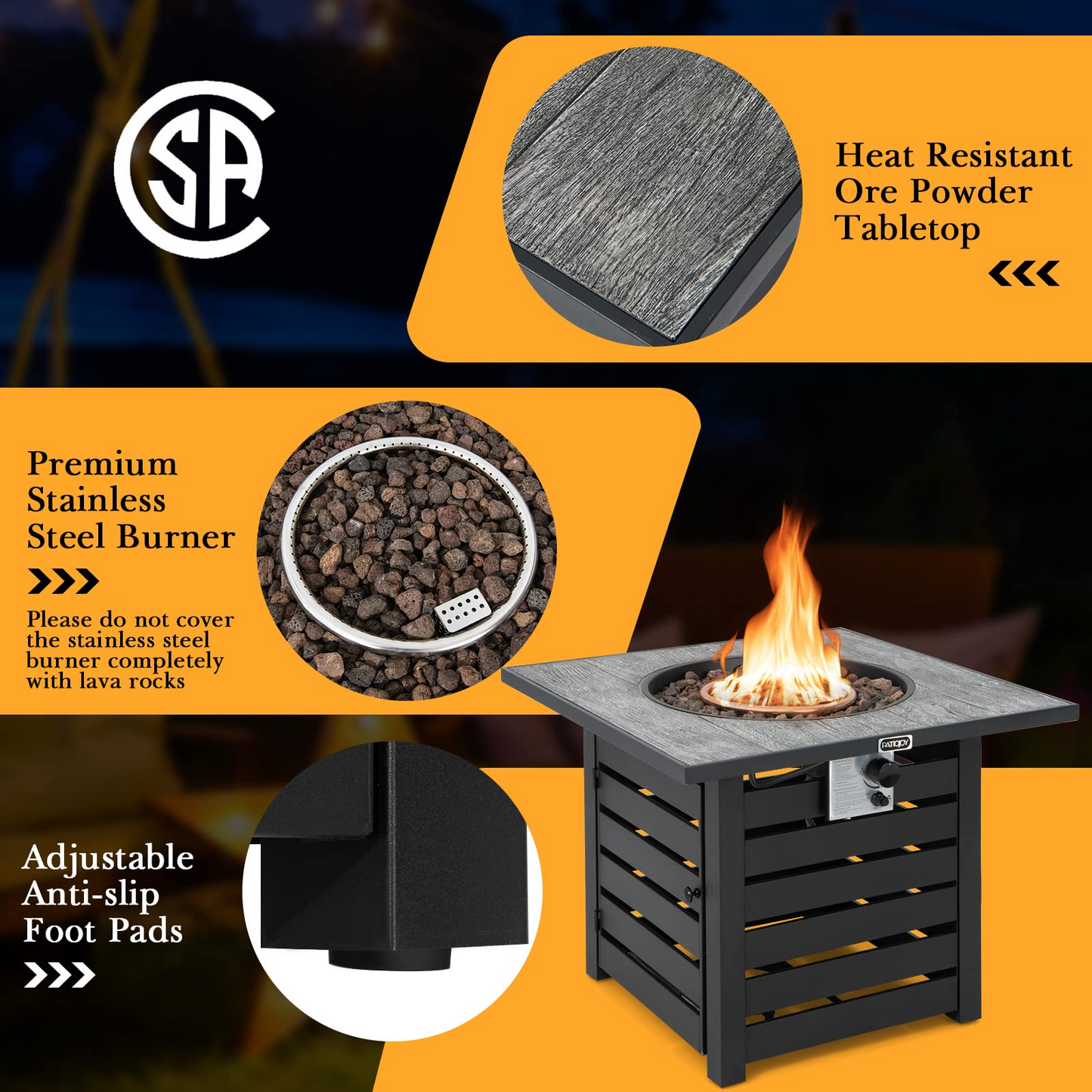 Tangkula 32-Inch Outdoor Propane Fire Pit Table, Patiojoy 50,000 BTU Square Gas Fire Pit with Ore Powder Tabletop