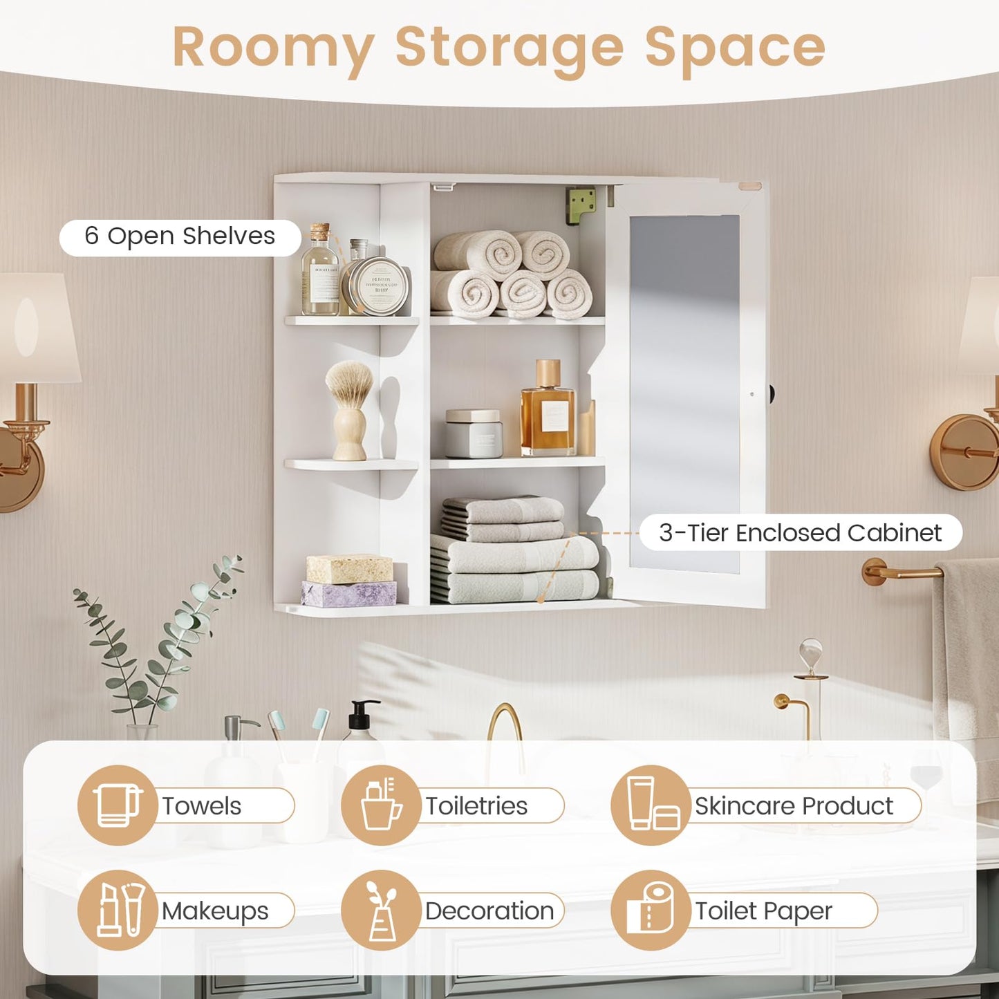 Tangkula 26 x 6.5 x 25 Inches Bathroom Wall Cabinet with Mirror