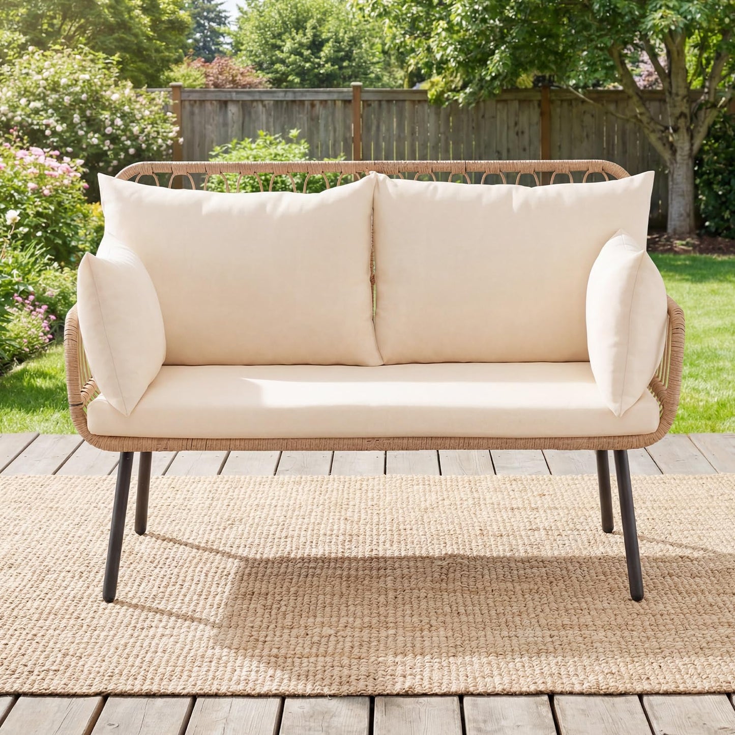 Tangkula Patio Wicker Loveseat Outdoor 2-Seater PE Rattan Sofa