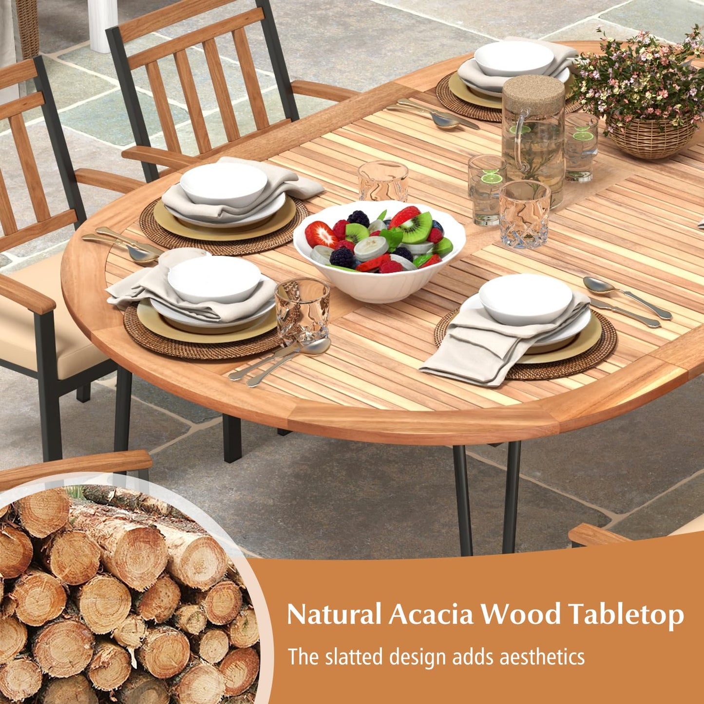 Table de salle à manger Tangkula 79 pouces pour patio, table à manger intérieure et extérieure avec trou pour parasol, plateau en bois d'acacia