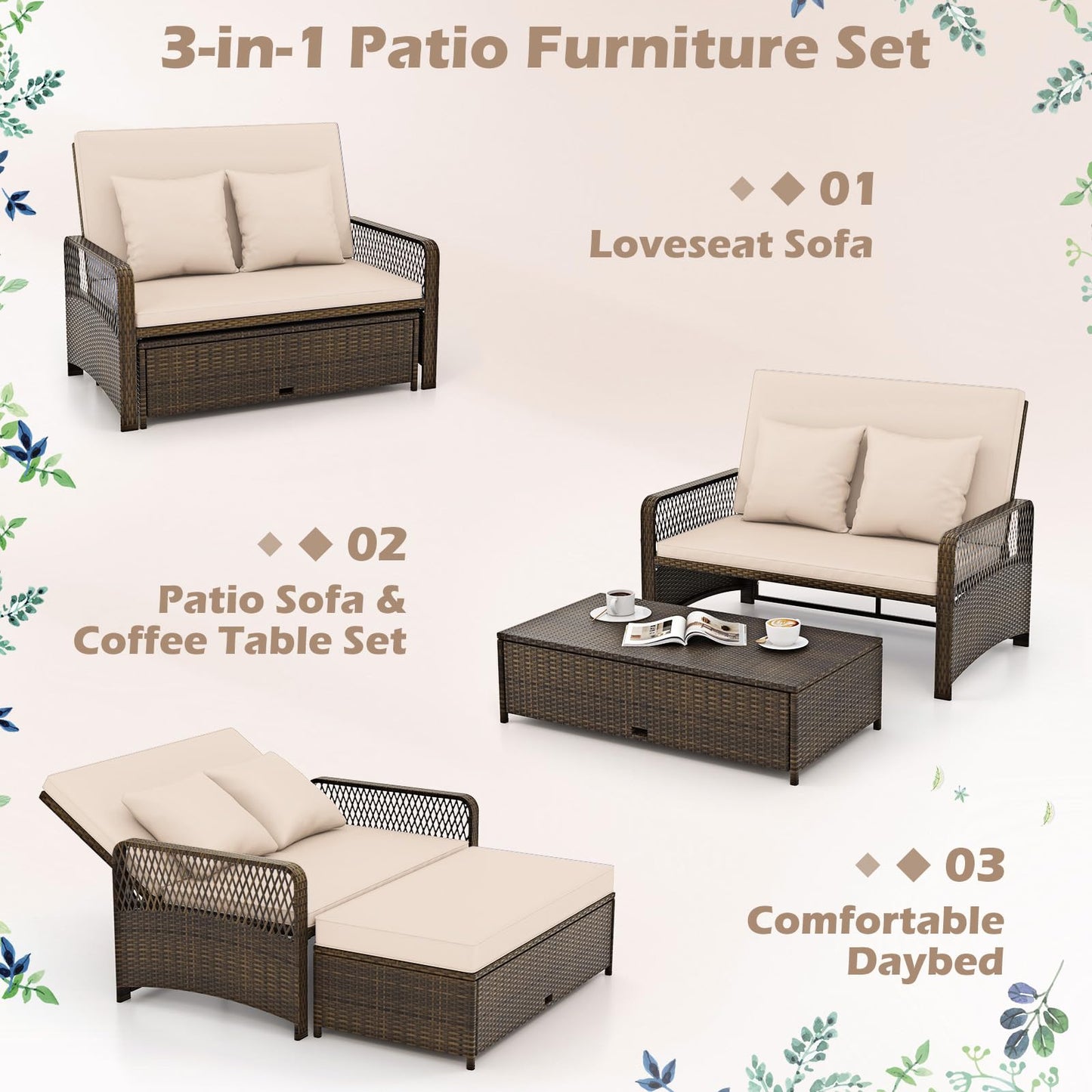 Tangkula Patio Adjustable Wicker Daybed, Rattan Loveseat & Storage Ottoman w/ 4-Level Backrest & Soft Cushions