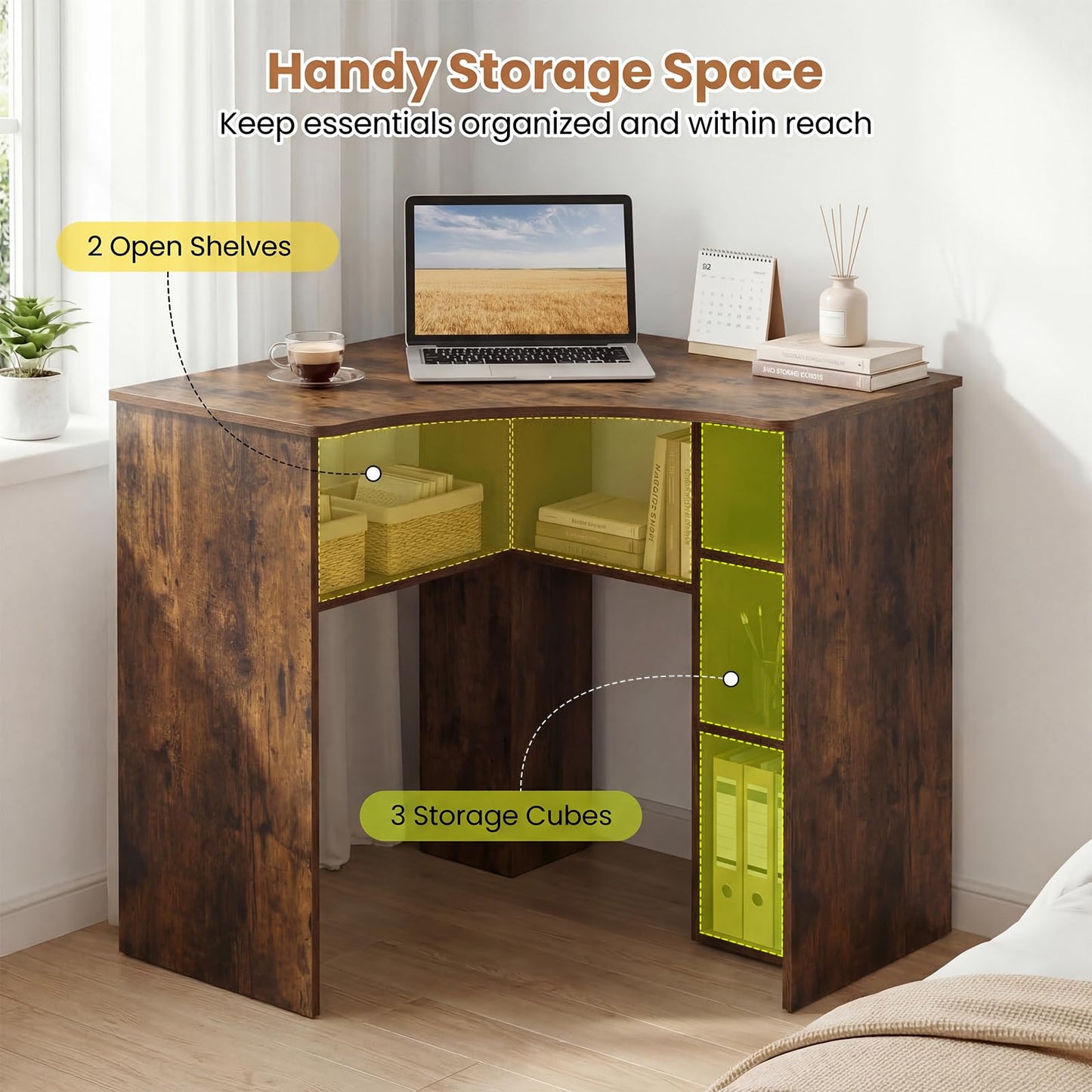 Tangkula 90-Degree Triangle Computer Desk with Ergonomic Curved Edge & Open Storage Shelves