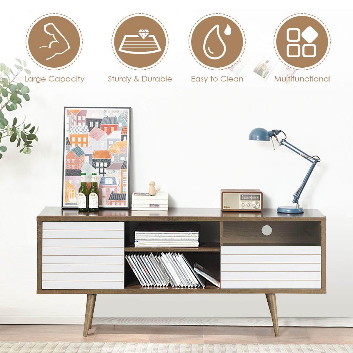 Tangkula Mid-Century Modern TV Stand for TVs up to 65 Inch, Wooden TV Console Table with Storage Shelves