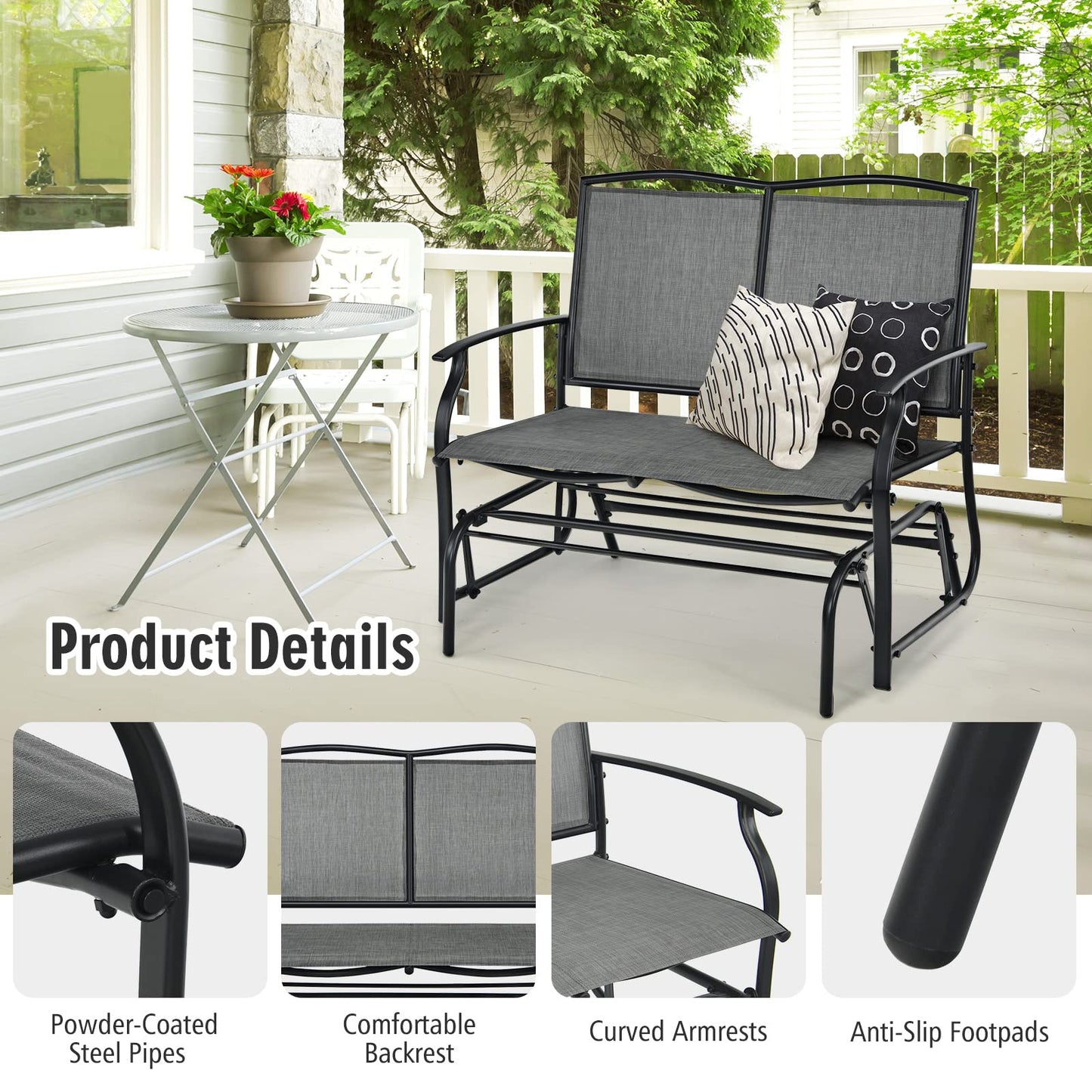 2-Person Patio Swing Glider Bench, Outdoor Rocker Glider Loveseat Chair
