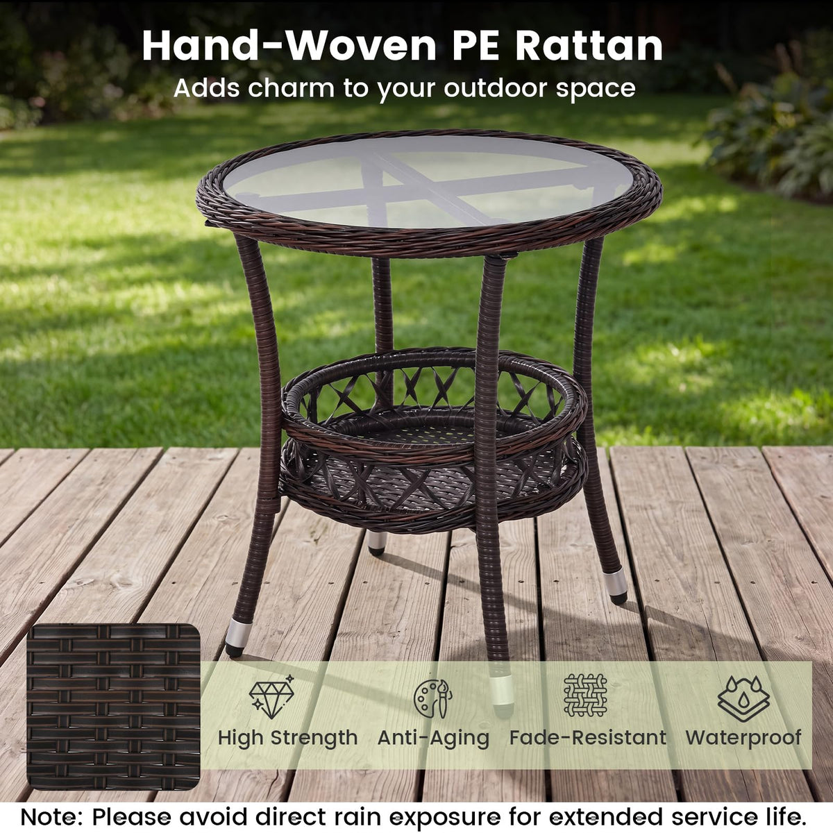 Tangkula Outdoor Rattan Side Table with Tempered Glass Top