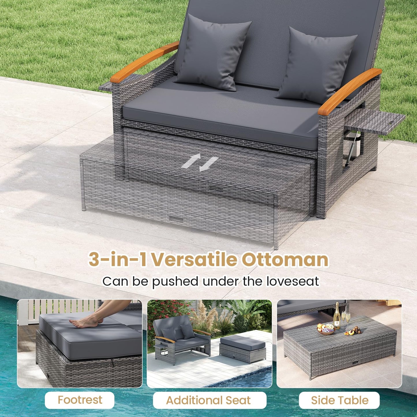 Tangkula Outdoor Wicker Loveseat with Acacia Wood Armrest Storage Ottoman & Folding Tray