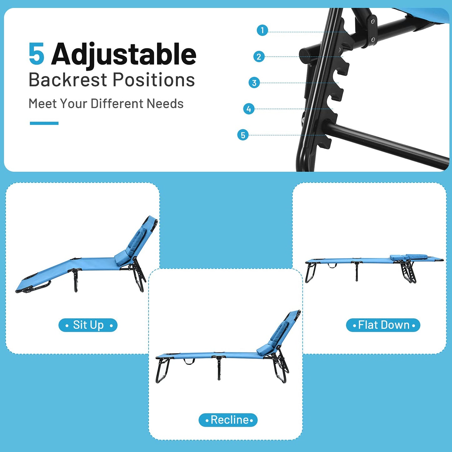 Folding Chaise Lounge Chair with Hole for Face, Outdoor 5-Position Adjustable Reclining Beach Sunbathing Chair