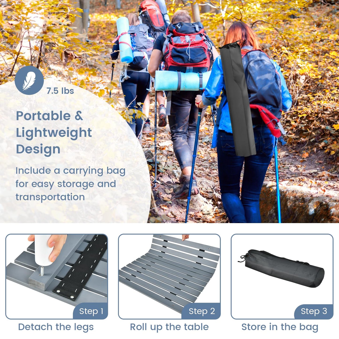 Tangkula Folding Table, Portable Picnic Table with Roll-up Tabletop, Carrying Bag