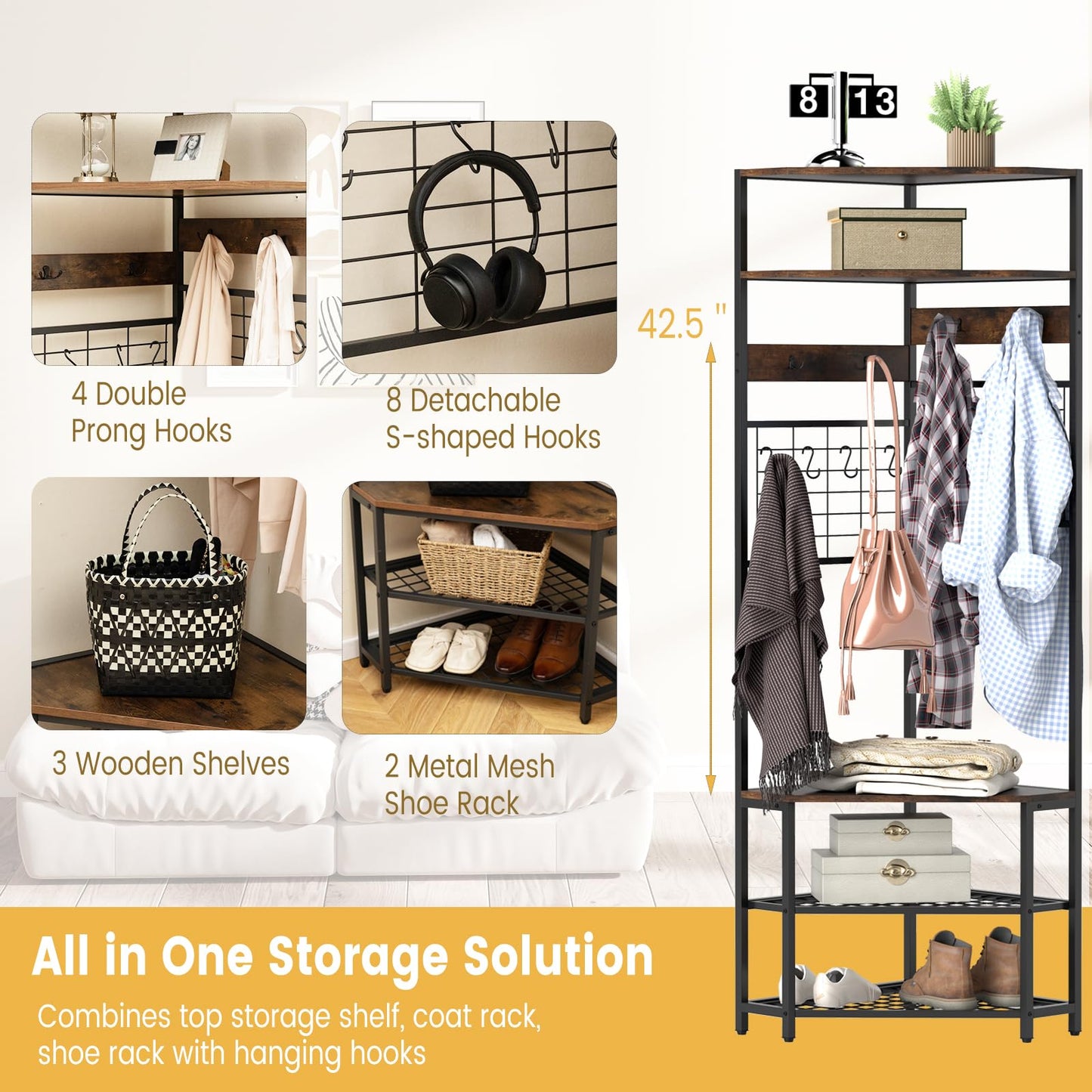 Tangkula 5-Tier Corner Hall Tree with Shoe Storage Bench