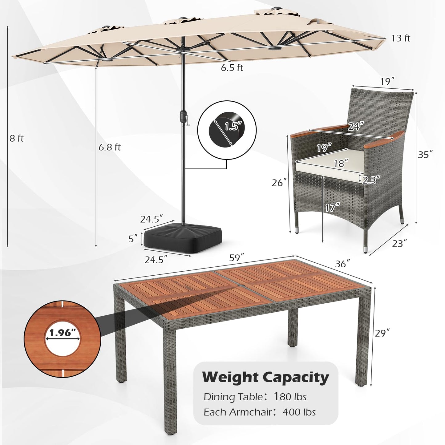 Tangkula 9 Pieces Rattan Outdoor Dining Set with 13Ft Solar Patio Umbrella for 6