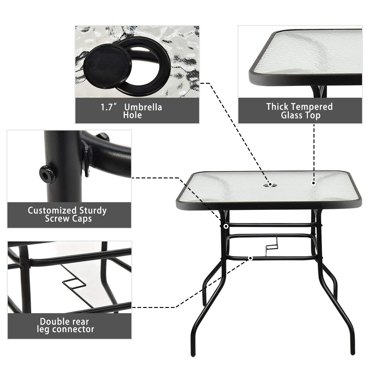 Outdoor Dining Table with 2 inches Umbrella Hole, 32 inches Tempered Glass Top Square Patio Table