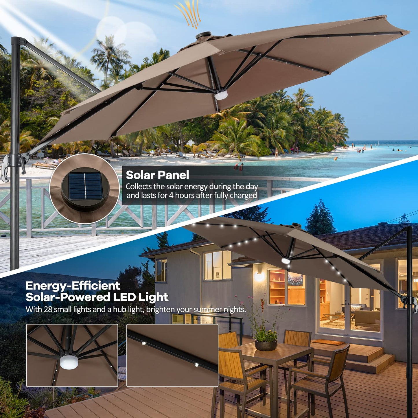 Tangkula 10FT Patio Cantilever Umbrella With 28 LED Lights
