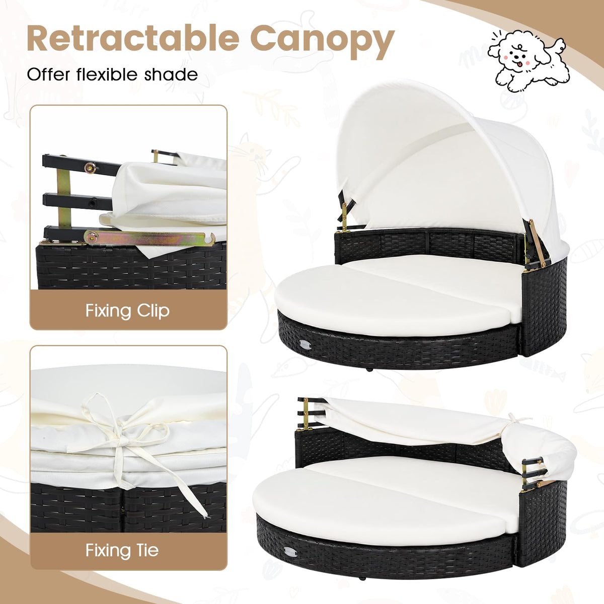 Tangkula Wicker Dog House with Retractable Canopy