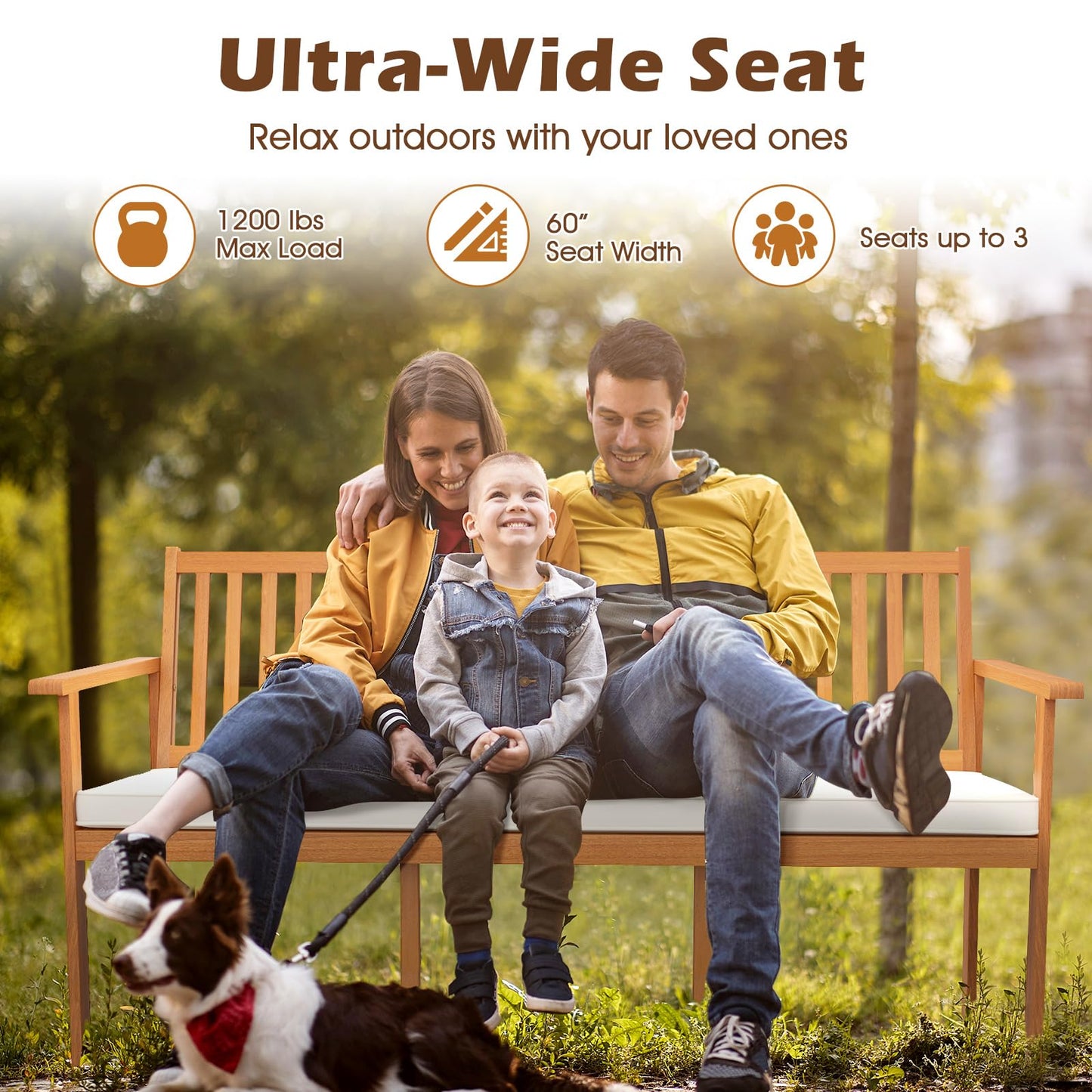 Tangkula Outdoor 3-Seat Wood Bench, 64 Inches Extra Long Acacia Chair w/Seat Cushion