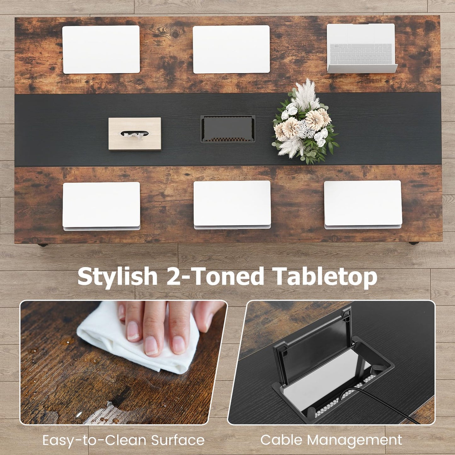 Tangkula 6 FT Rectangular Conference Table with Mesh Storage Shelf & Cable Grommet