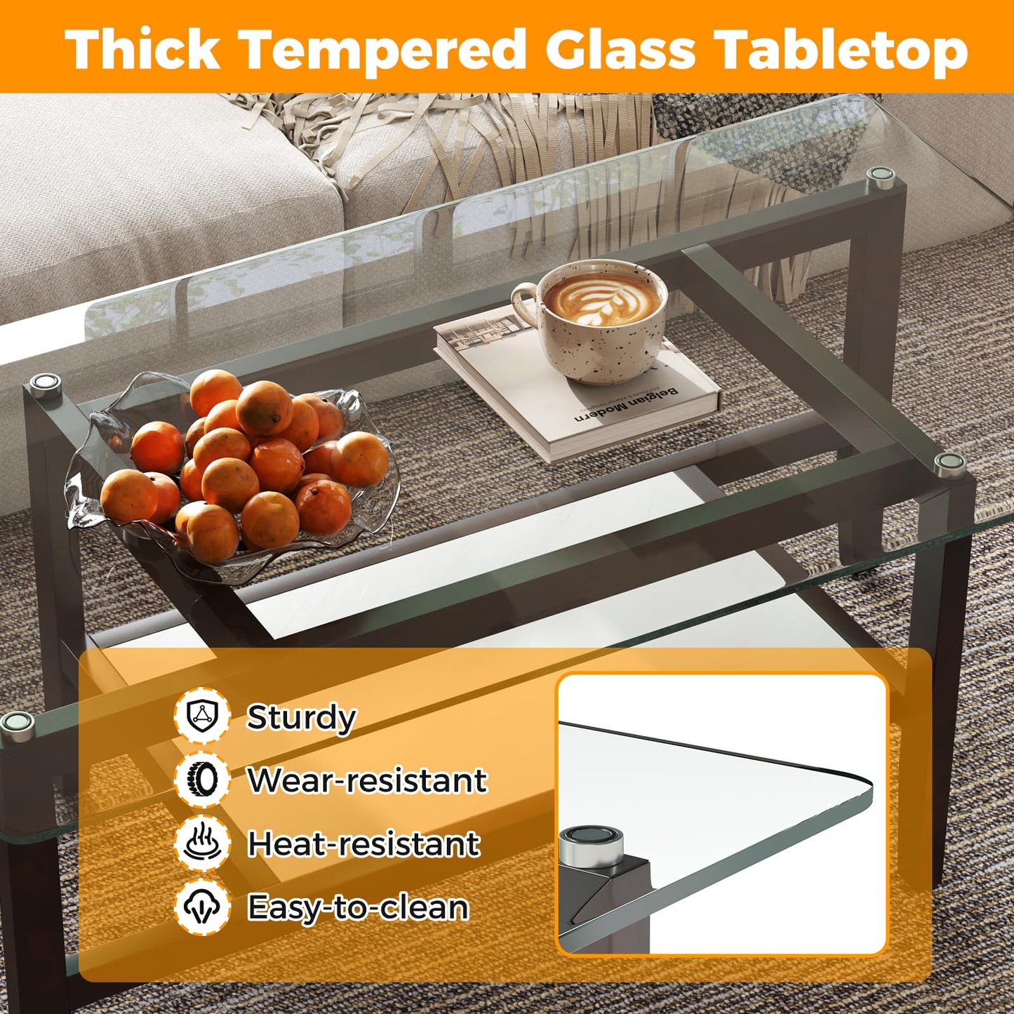 Tangkula Table basse rectangulaire à 2 niveaux de 106,7 cm avec étagère de rangement et pieds en bois d'hévéa massif