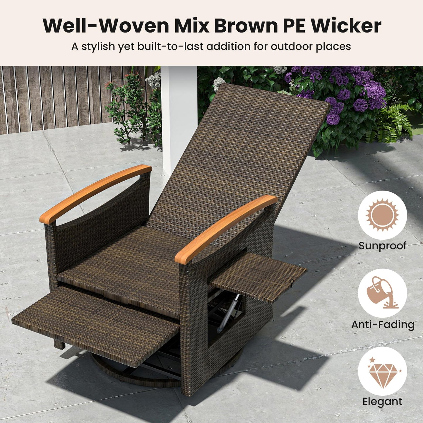 Tangkula Patio Rattan 360 Degree Swivel Recliner Chair, Wicker Lounge Chair w/Adjustable Backrest & Footrest