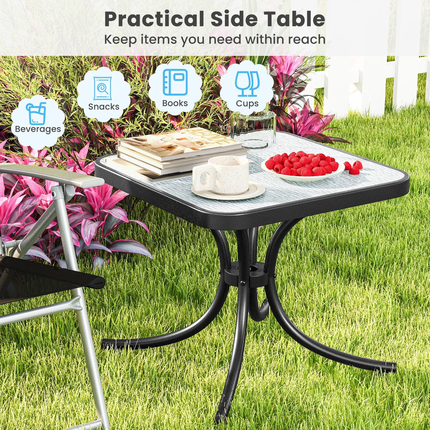 Outdoor Bistro Table, 20 Inches Patio Side Table with Tempered Glass