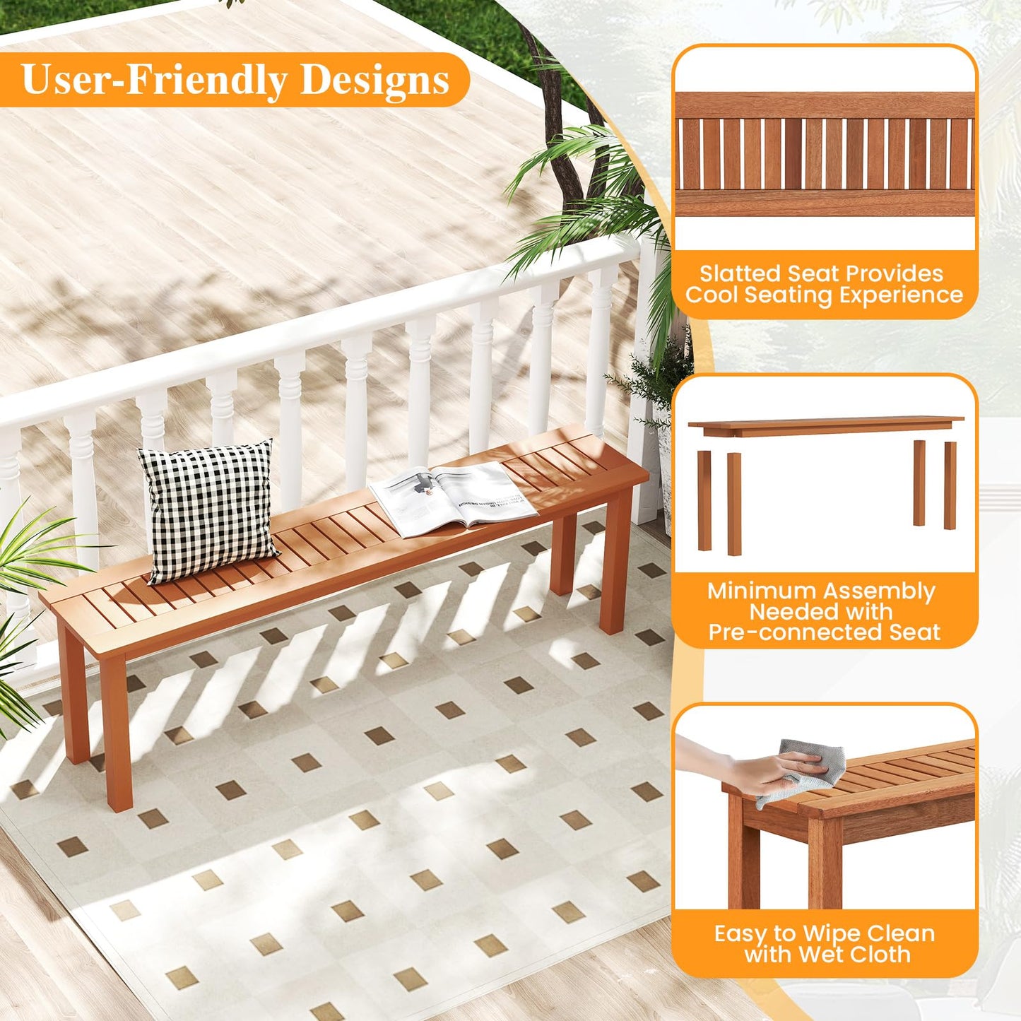 Tangkula Outdoor Wood Bench 59” Long Patio Dining Bench