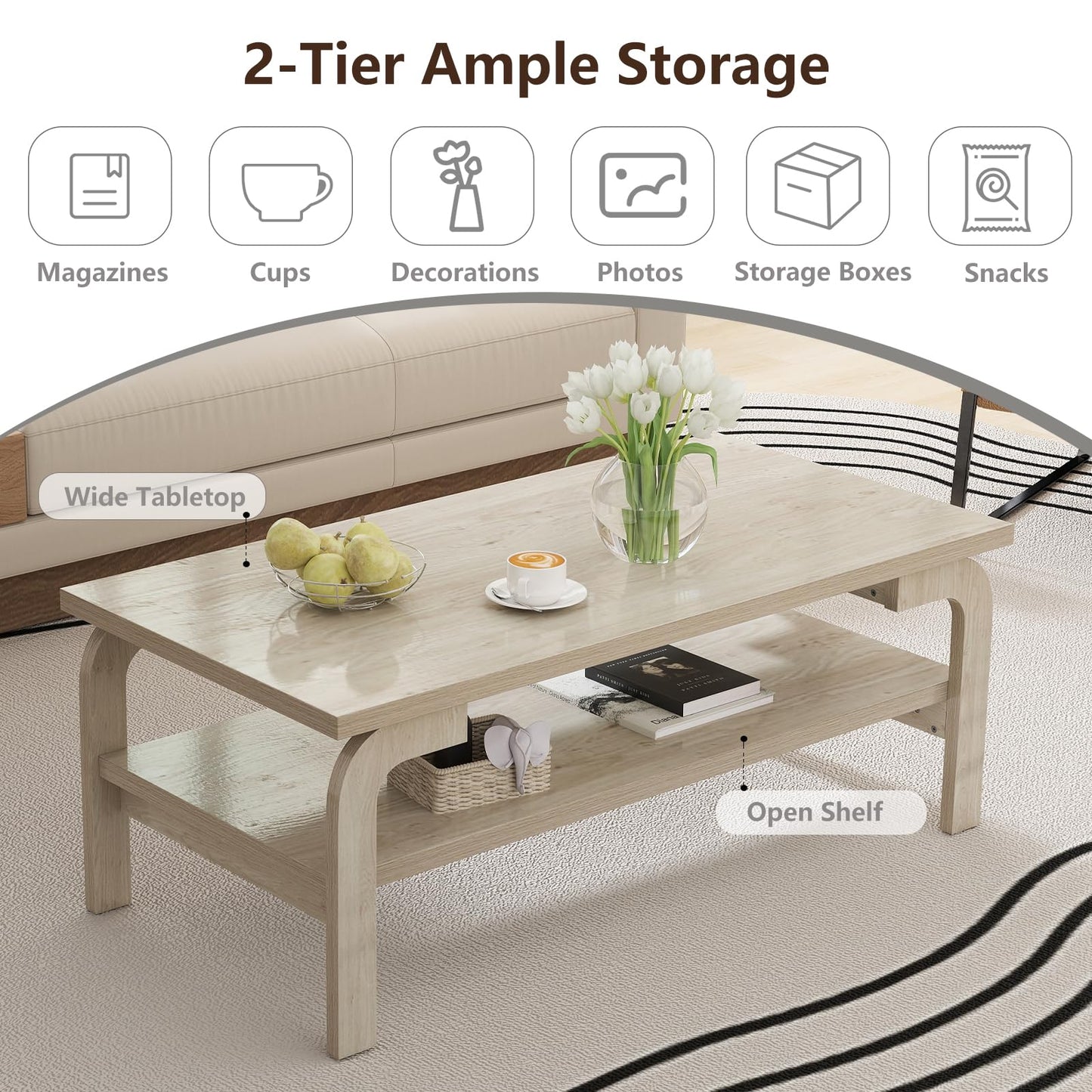 Tangkula 2 Tier Coffee Table with Large Tabletop for Living Room
