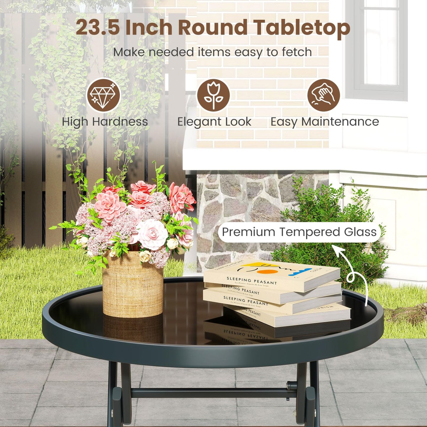 Ensemble bistrot pliant 3 pièces Tangkula avec siège en tissu respirant et plateau de table en verre trempé